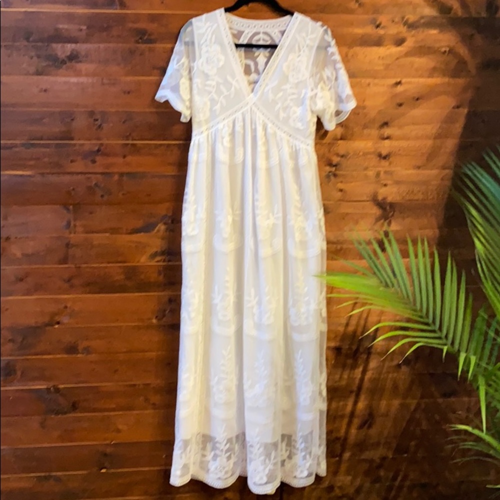 Pink Blush white lace maxi